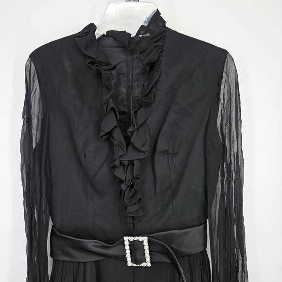 Vintage 1960s Cocktail Party Dress 9 Black Chiffon Ruffle V Neck Rhinestone Belt - Picture 3 of 13